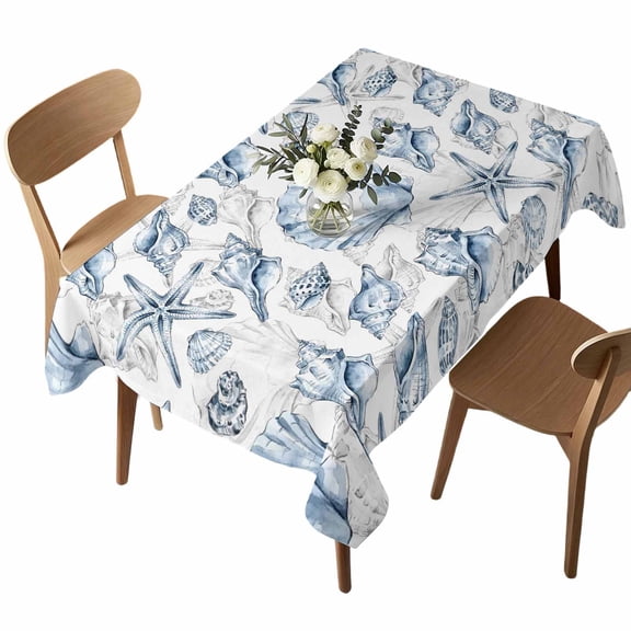 Coastal Seashell Rectangle Tablecloth Summer Nautical Blue Shell Starfish Marine Life Waterproof Wrinkle Free Soft Table Cloth Spill-Proof Washable Table Cover for Dining Party Picnic 60 x 102 Inch