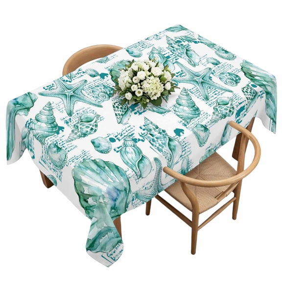 Coastal Seashell Rectangle Tablecloth Summer Nautical Green Shell Starfish Hampton Style Waterproof Wrinkle Free Soft Table Cloth Spill-Proof Washable Table Cover for Dining Picnic 60 x 120 Inch