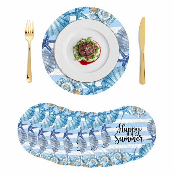 Coastal Seashell Round 13 Inch Placemats Set of 8, Summer Ocean Starfish Conch Blue Stripes HeatResistant Non Slip Place Mats for Dining Table, Wipeable Braided Kitchen Table Mats for Housewarming