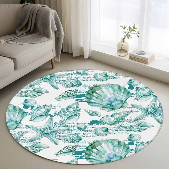 Coastal Seashell Round Rugs for Living Room 3ft Summer Nautical Green Shell Starfish Hampton Style Non Slip Circle Rug Washable Low-Profile Indoor Carpet for Bedroom, Dining Room, Bathroom
