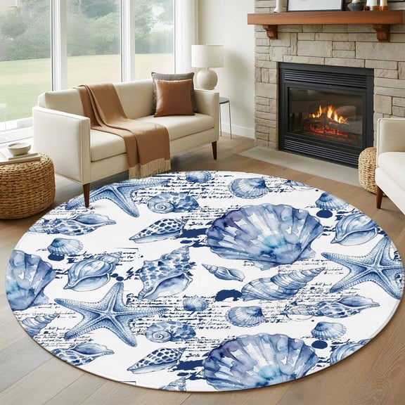 Coastal Seashell Round Rugs for Living Room 6ft Summer Nautical Blue Shell Starfish Hampton Style Non Slip Circle Rug Washable Low-Profile Indoor Carpet for Bedroom, Dining Room, Bathroom