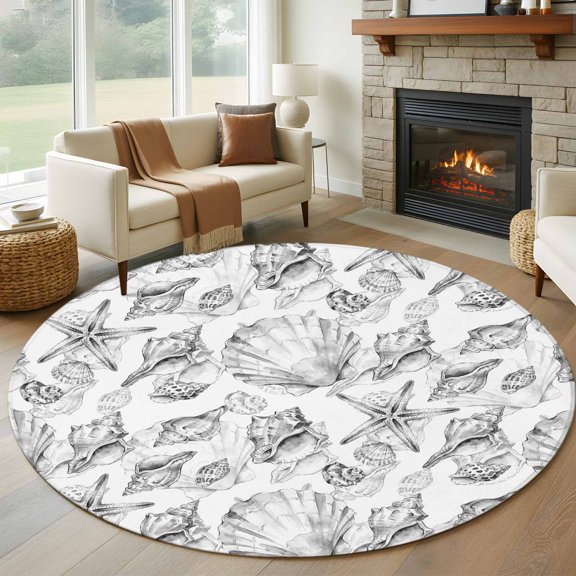 Coastal Seashell Round Rugs for Living Room 6ft Summer Nautical Gray Shell Starfish Marine Life Non Slip Circle Rug Washable Low-Profile Indoor Carpet for Bedroom, Dining Room, Bathroom