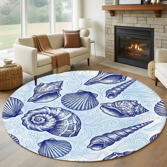 Coastal Seashell Round Rugs for Living Room 7ft Dark Blue Conch Ocean Theme Wave Lines Modern Non Slip Circle Rug Washable Low-Profile Indoor Carpet for Bedroom, Dining Room, Bathroom