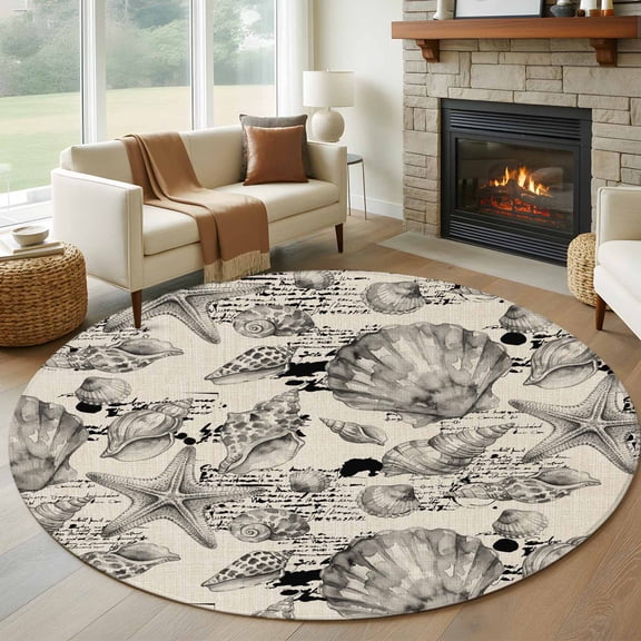 Coastal Seashell Round Rugs for Living Room 7ft Summer Nautical Gray Shell Starfish Beige Hampton Style Non Slip Circle Rug Washable Low-Profile Indoor Carpet for Bedroom, Dining Room, Bathroom