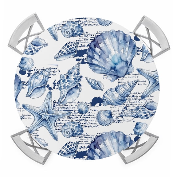 Coastal Seashell Round Table Cover, Summer Nautical Blue Shell Starfish Hampton Style Waterproof Fitted Tablecloths for 45"-54" Tables, Washable Picnic Table Cover for Camping Dining Indoor Outdoor