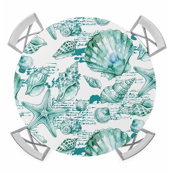 Coastal Seashell Round Table Cover, Summer Nautical Green Shell Starfish Hampton Style Waterproof Fitted Tablecloths for 36"-44" Tables, Washable Picnic Table Cover for Camping Dining Indoor Outdoor