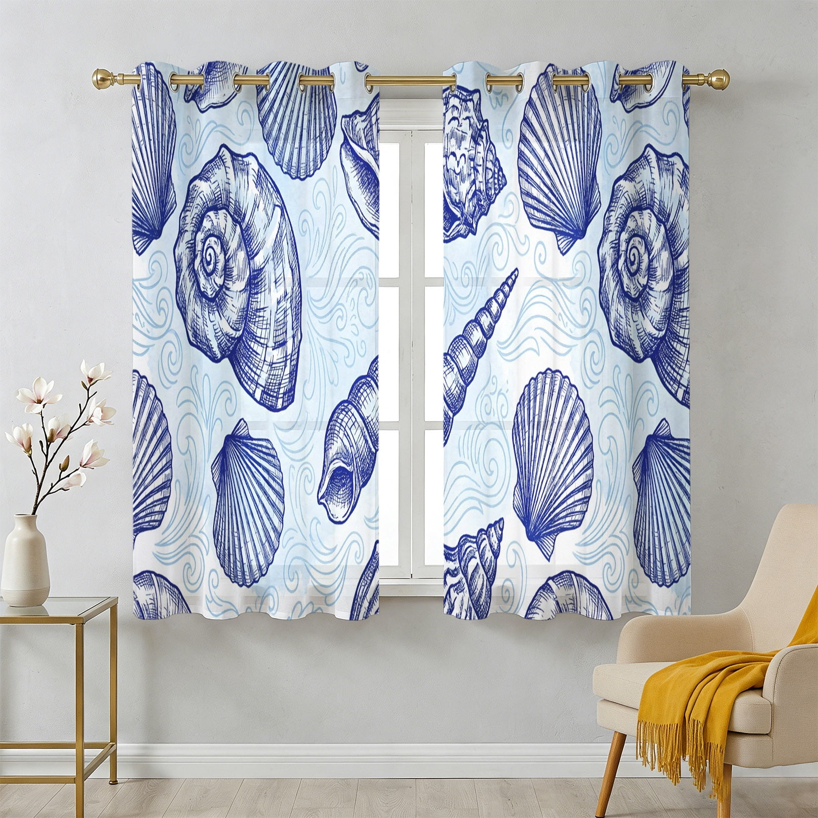 Coastal Seashell Sheer Curtains 39 Inch Long 2 Panels, Dark Blue Conch ...