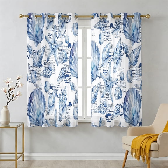 Coastal Seashell Sheer Curtains 39 Inch Long 2 Panels, Summer Nautical Blue Shell Starfish Hampton Style Light Filtering Semi Sheer Drapes Grommet Voile Window Curtain for Living Bedroom W27.9 x L39