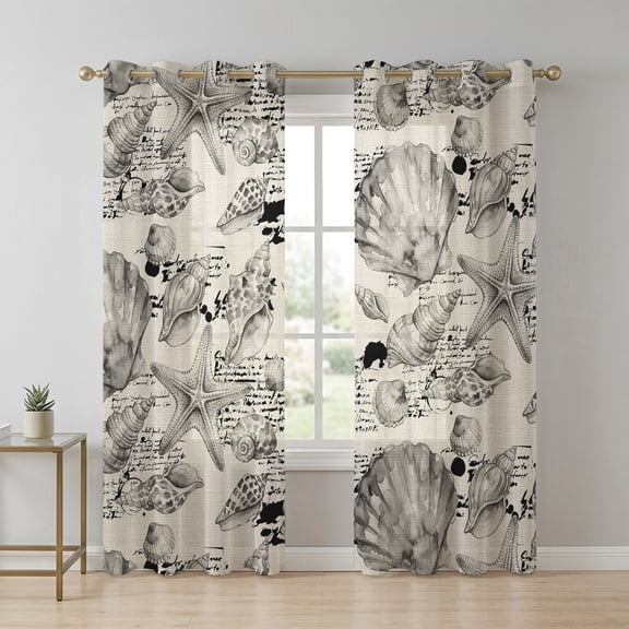 Coastal Seashell Sheer Curtains 84 Inch Long 2 Panels, Summer Nautical Gray Shell Starfish Beige Hampton Style Light Filtering Semi Sheer Drapes Grommet Voile Curtain for Living Bedroom W52 x L84