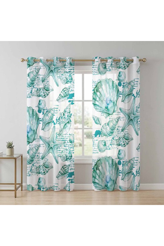 Coastal Seashell Sheer Curtains 84 Inch Long 2 Panels, Summer Nautical Green Shell Starfish Hampton Style Light Filtering Semi Sheer Drapes Grommet Voile Window Curtain for Living Bedroom W42 x L84