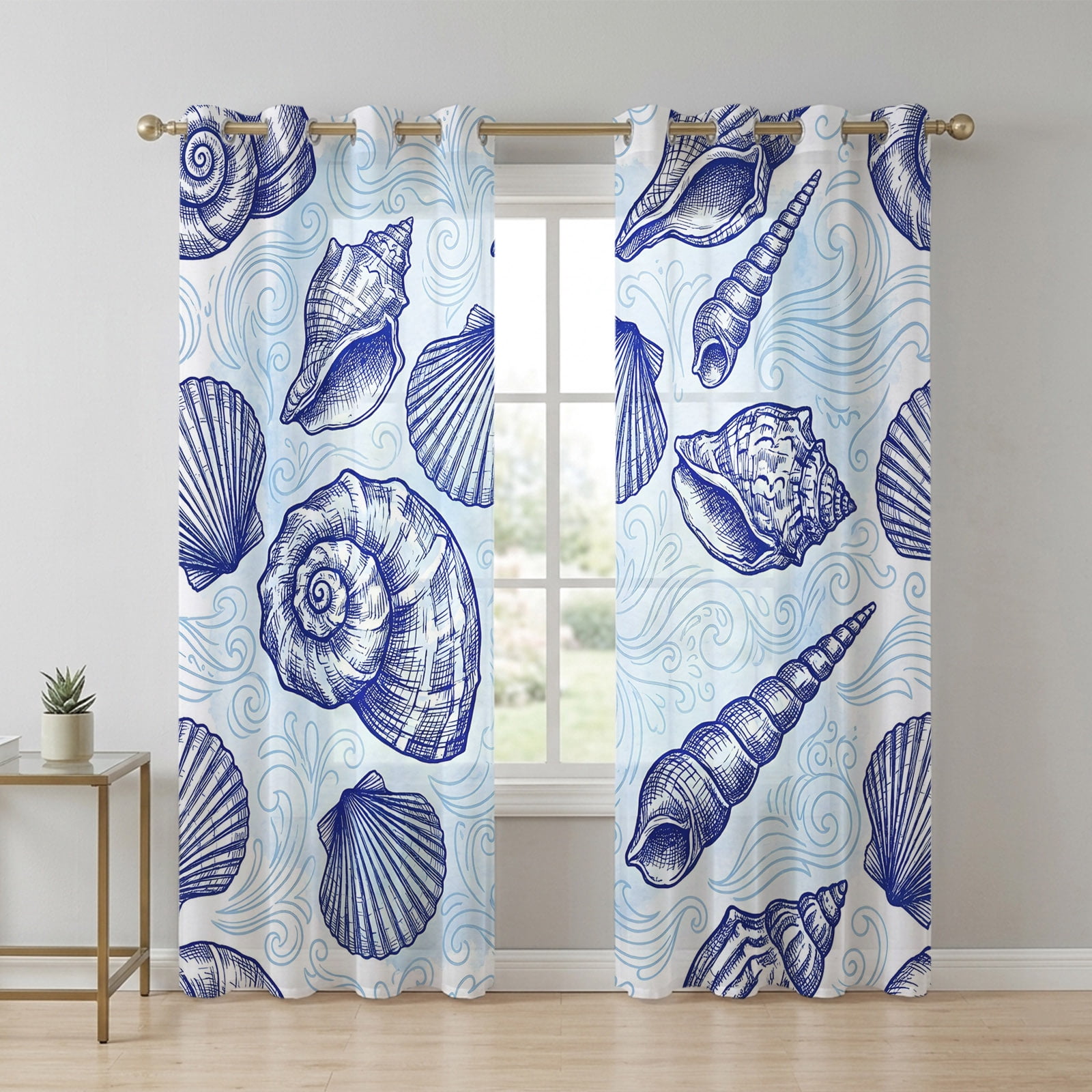 Coastal Seashell Sheer Curtains 90 Inch Long 2 Panels, Dark Blue Conch ...