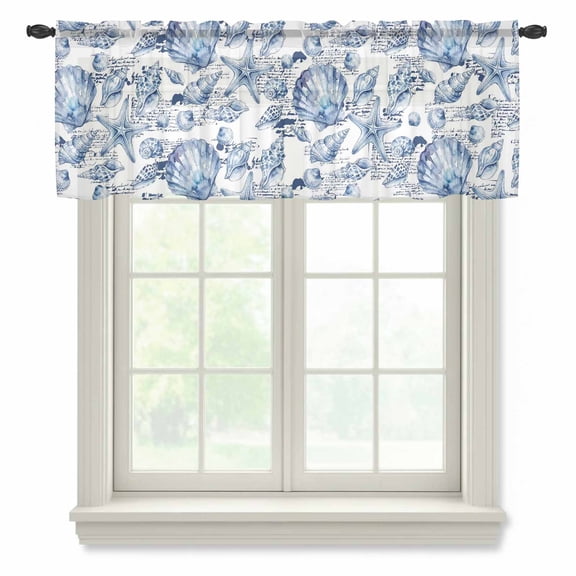 Coastal Seashell Sheer Valances for Windows, Summer Nautical Blue Shell Starfish Hampton Style Semi Sheer Kitchen Valance Rod Pocket Small Voile Window Curtains for Living Room Bedroom 42 x 12 Inch
