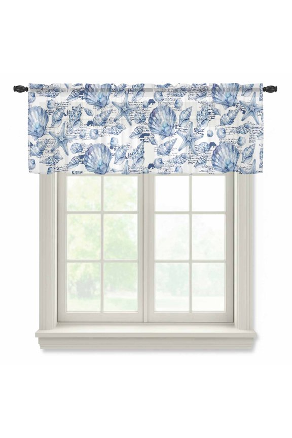 Coastal Seashell Sheer Valances for Windows, Summer Nautical Blue Shell Starfish Hampton Style Semi Sheer Kitchen Valance Rod Pocket Small Voile Window Curtains for Living Room Bedroom 60 x 18 Inch