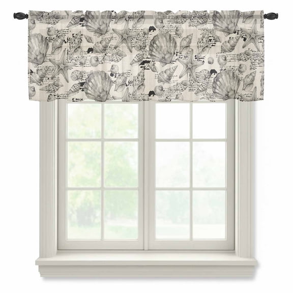 Coastal Seashell Sheer Valances for Windows, Summer Nautical Gray Shell Starfish Beige Hampton Style Semi Sheer Kitchen Valance Rod Pocket Small Voile Window Curtains for Living Bedroom 54 x 18 Inch