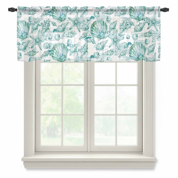 Coastal Seashell Sheer Valances for Windows, Summer Nautical Green Shell Starfish Hampton Style Semi Sheer Kitchen Valance Rod Pocket Small Voile Window Curtains for Living Room Bedroom 42 x 12 Inch
