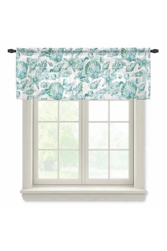 Coastal Seashell Sheer Valances for Windows, Summer Nautical Green Shell Starfish Hampton Style Semi Sheer Kitchen Valance Rod Pocket Small Voile Window Curtains for Living Room Bedroom 42 x 12 Inch