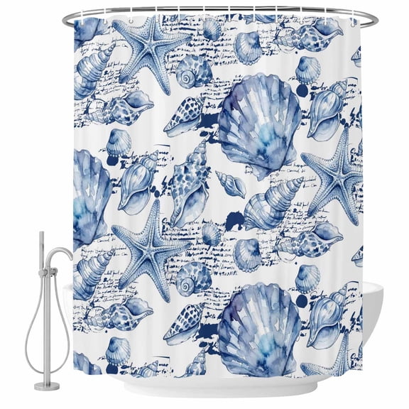 Coastal Seashell Shower Curtain for Bathroom, Summer Nautical Blue Shell Starfish Hampton Style Waterproof Cloth Fabric Bathroom Accessories Set with 9 Rust Proof Plastic Hooks, 36"x72"