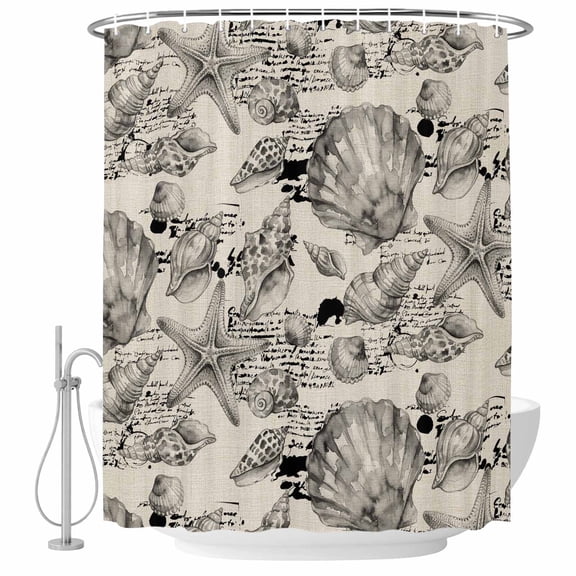 Coastal Seashell Shower Curtain for Bathroom, Summer Nautical Gray Shell Starfish Beige Hampton Style Waterproof Cloth Fabric Bathroom Accessories Set with 9 Rust Proof Plastic Hooks, 36"x72"