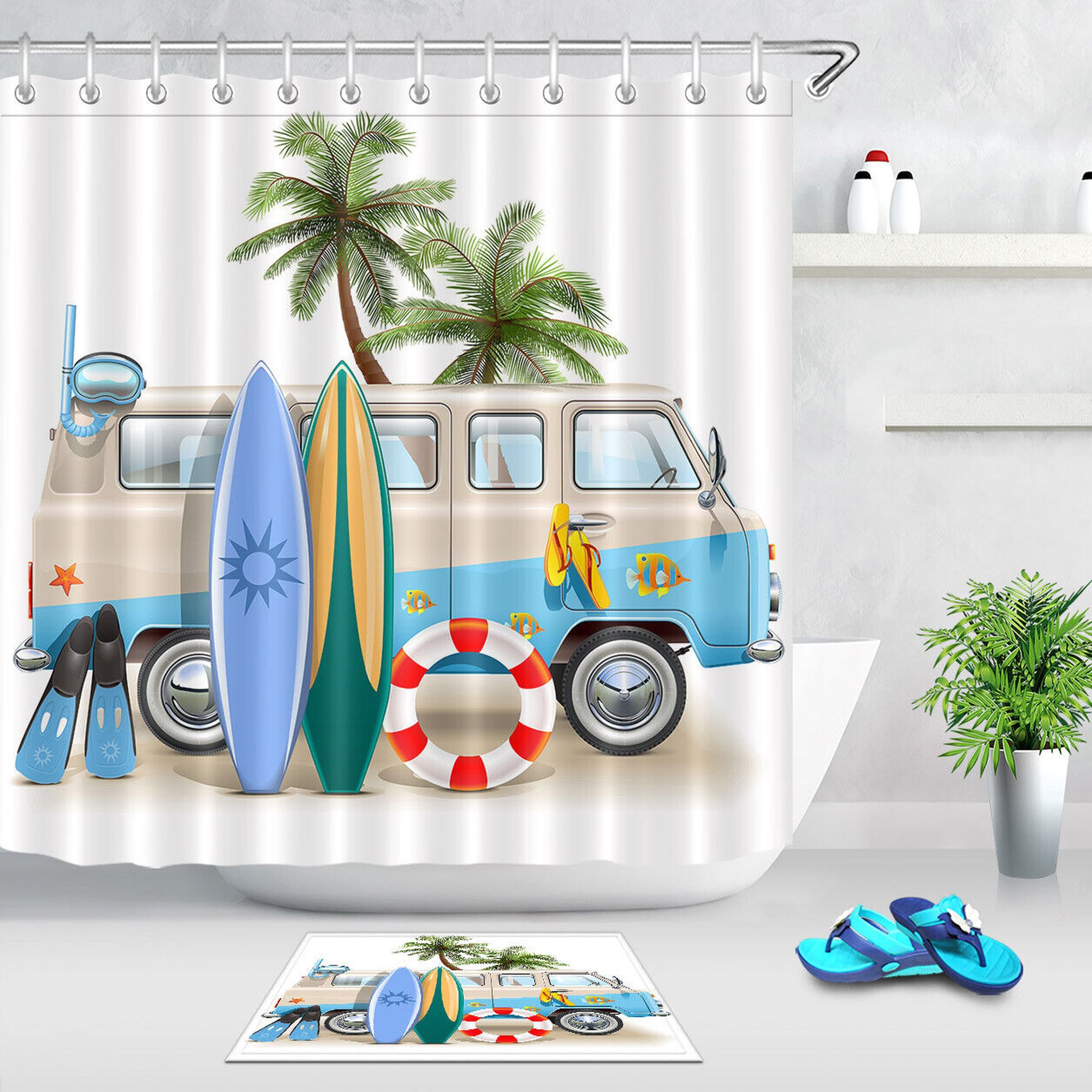 Coastal Seashell Shower Curtain Set with Beachy Hooks Ocean Bathroom