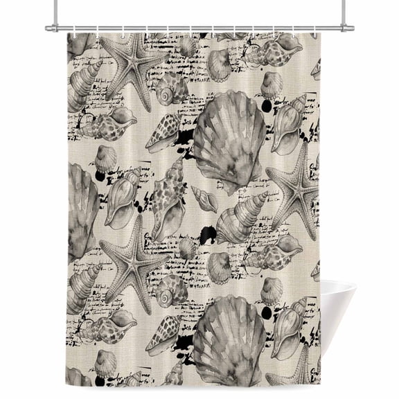 Coastal Seashell Shower Curtain, Summer Nautical Gray Shell Starfish Beige Hampton Style Waterproof Shower Curtain Set with 12 Hooks Lightweight Bath Curtains Fabric Bathroom Decor 36x72 Inches