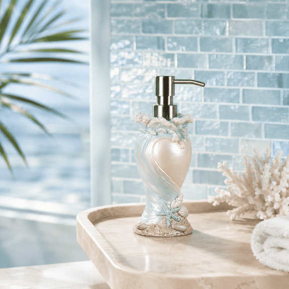 Coastal Seashell Soap Dispenser, Refillable Resin Ocean Wave Lotion Pump for Bathroom and Kitchen, Light Blue