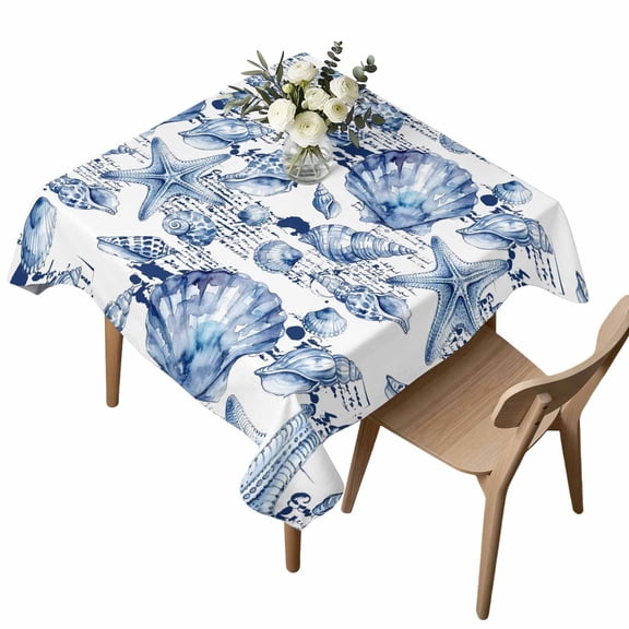 Coastal Seashell Square Tablecloth Summer Nautical Blue Shell Starfish Hampton Style Waterproof Wrinkle Free Soft Table Cloth Spill-Proof Washable Table Cover for Dining Party Picnic 54 x 54 Inch