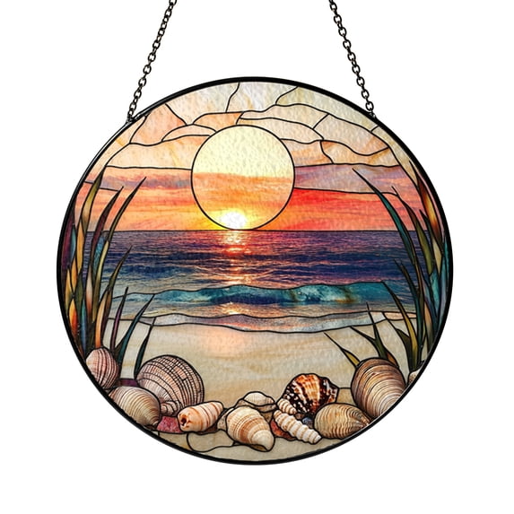 Coastal Seashell Stained Glass Suncatcher Window Hanging Sunset Scene ...