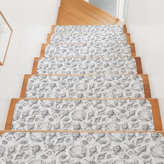 Coastal Seashell Stair Treads Non Slip for Steps Summer Nautical Gray Shell Starfish Marine Life 15 Pcs Reusable Adhesive Stair Runner Mats for Dogs Elders Carpet Treads Rugs for Staircase 8x30 In