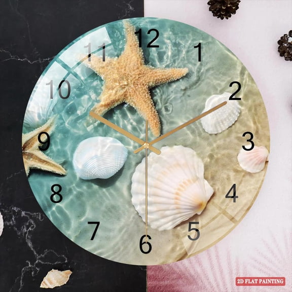 Coastal Seashell Starfish Beach Theme Round Wall Clock Silent Non-Ticking Quiet Decorative Home Decor