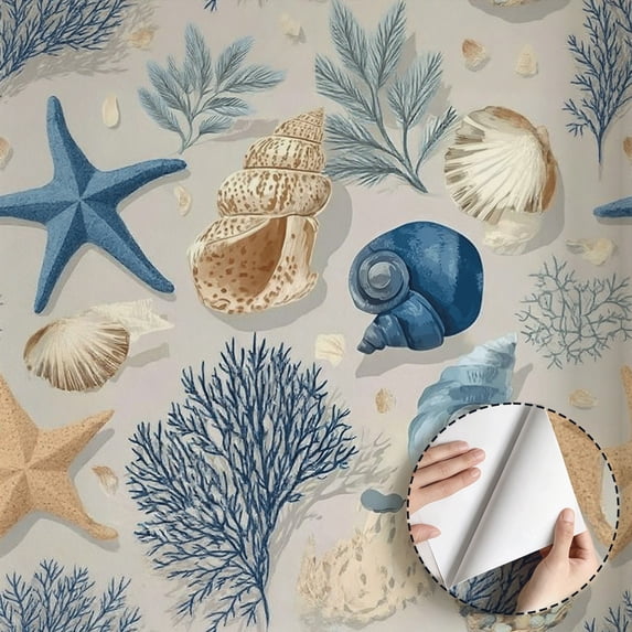 Coastal Seashell Starfish Wallpaper, Boho Vintage Wall Decoration, Self adhesive and removable, waterproof, for Bathroom Bedroom Living Room Kitchen Cabinet Shelf 17.7 * 118 in