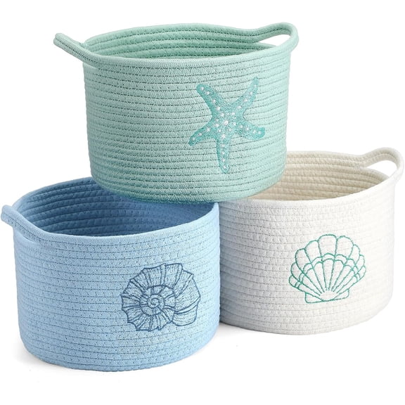 Coastal Seashell Starfish Woven Baskets with Small Blue White Green 3 Pcs, Blue White Green
