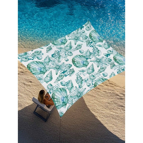 Coastal Seashell Sun Shade Sail 8' x 10', Summer Nautical Green Shell Starfish Hampton Style Rectangle Outdoor Sunshade Canopy, Waterproof UV Block Patio Covers for Garden Yard Beach