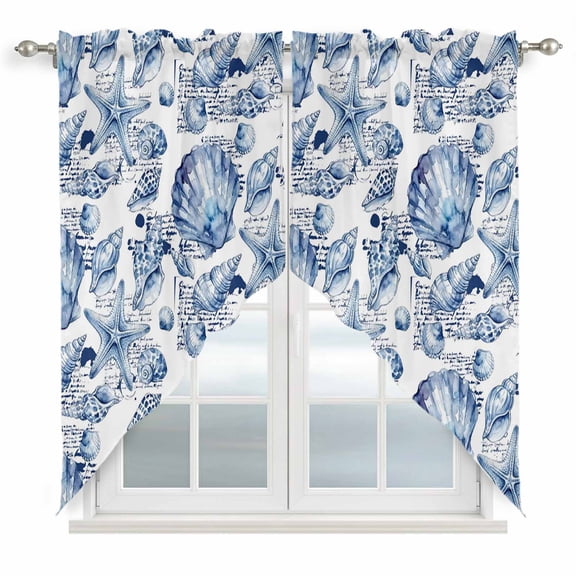 Coastal Seashell Swag Curtain Valance for Window 2 Panels Summer Nautical Blue Shell Starfish Hampton Style Rod Pocket Small Window Swag Valances for Kitchen Bedroom Bathroom 28" W x 36" L