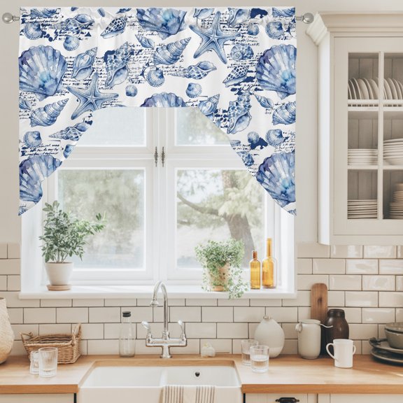 Coastal Seashell Swag Curtain Valance for Windows, Summer Nautical Blue Shell Starfish Hampton Style Swag Curtains Drapes Rod Pocket for Kitchen Bathroom Small Window, 1 Panel 56x36in