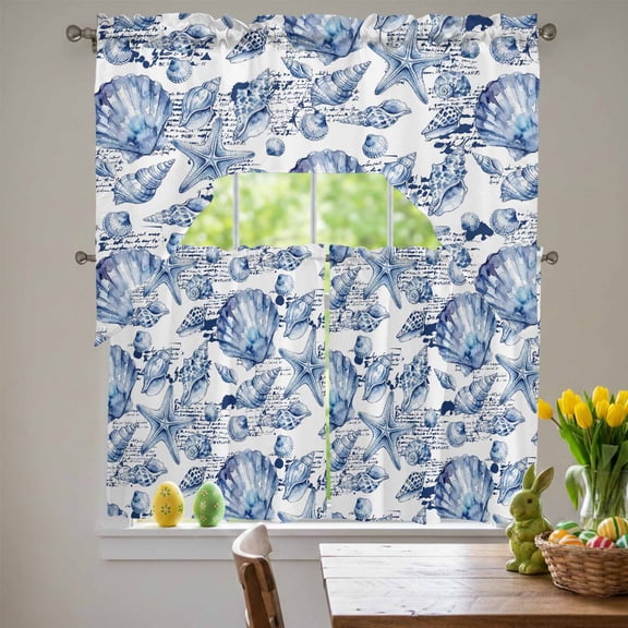 Coastal Seashell Swag Curtains Valance & Tier Set, Summer Nautical Blue Shell Starfish Hampton Style 3 Pcs Set Kitchen Swag Valances and Tiers 36 Inch Length Rod Pocket Curtain Drapes for Bedroom