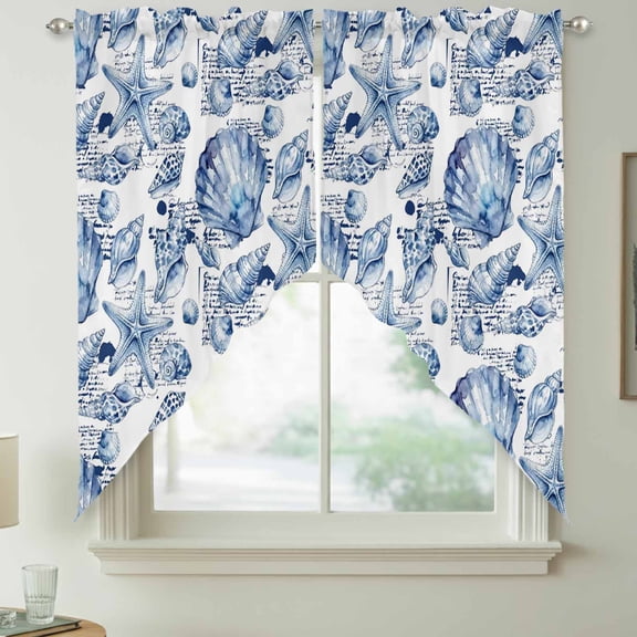 Coastal Seashell Swag Kitchen Curtain Valances, Summer Nautical Blue Shell Starfish Hampton Style Rod Pocket Curtains Window Treatment Decor Valances for Bedroom Bathroom, 2 Panels 36 x 36 Inch