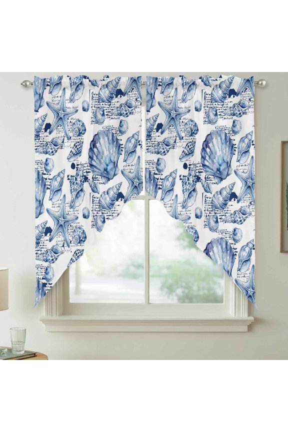 Coastal Seashell Swag Kitchen Curtain Valances, Summer Nautical Blue Shell Starfish Hampton Style Rod Pocket Curtains Window Treatment Decor Valances for Bedroom Bathroom, 2 Panels 36 x 36 Inch