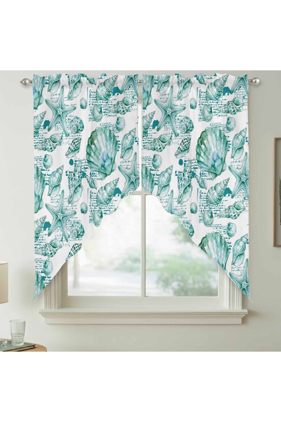 Coastal Seashell Swag Kitchen Curtain Valances, Summer Nautical Green Shell Starfish Hampton Style Rod Pocket Curtains Window Treatment Decor Valances for Bedroom Bathroom, 2 Panels 36 x 36 Inch