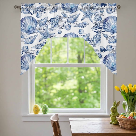 Coastal Seashell Swag Valances for Kitchen Window, Summer Nautical Blue Shell Starfish Hampton Style Small Swag Valances Rod Pocket Curtain Drapes Window Treatment for Bedroom Bathroom, 56x36 Inch