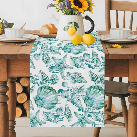 Coastal Seashell Table Runner 13x108 Inch Summer Nautical Green Shell Starfish Hampton Style Cotton Linen Dining Table Runner Ideal for Dresser Kitchen Coffee Tables - Machine Washable