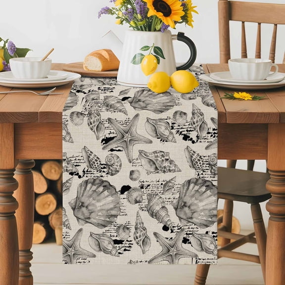 Coastal Seashell Table Runner 13x36 Inch Summer Nautical Gray Shell Starfish Beige Hampton Style Cotton Linen Dining Table Runner Ideal for Dresser Kitchen Coffee Tables - Machine Washable