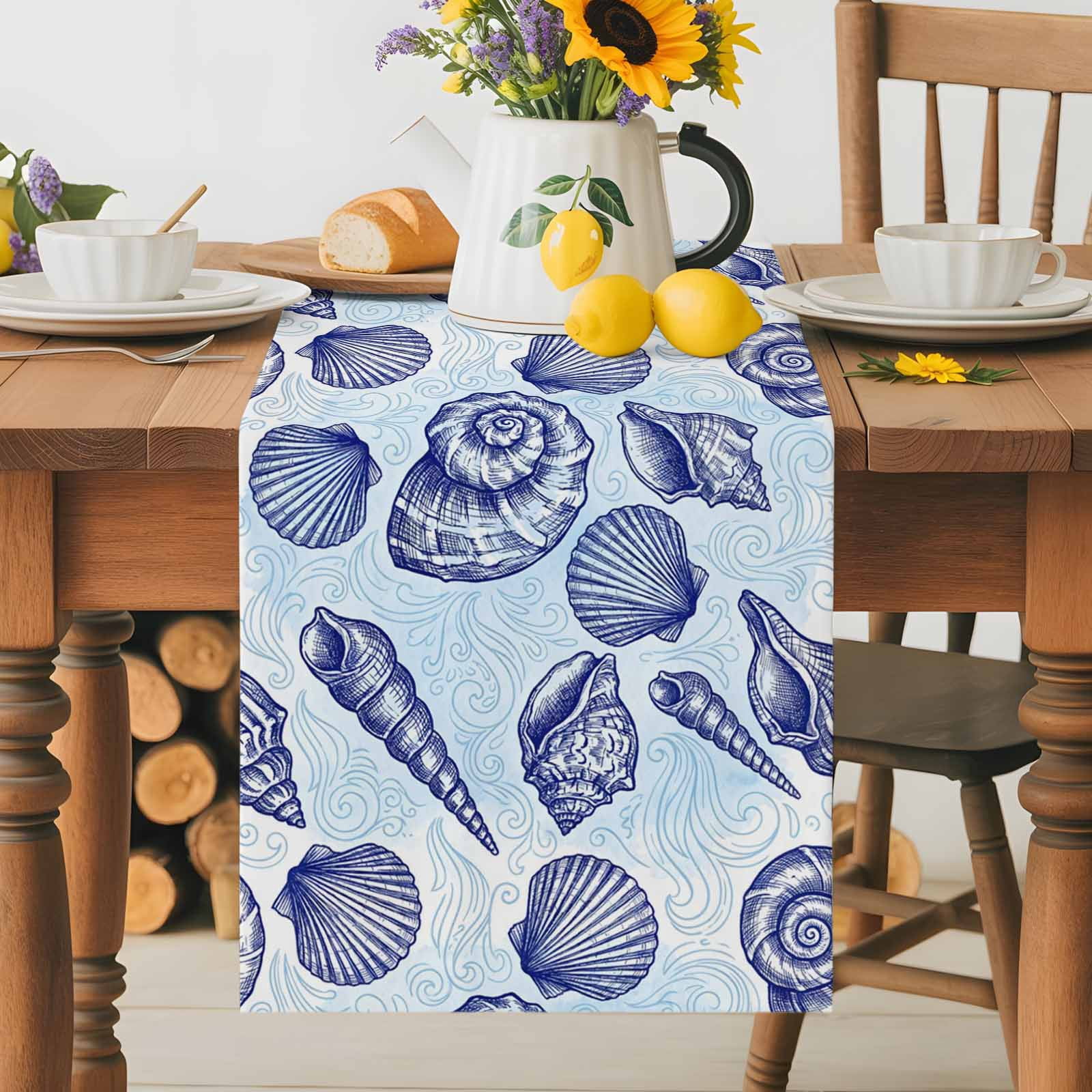 Runner Seashell Coastal Seashell Table Runner 13x72 Inch Dark Blue Conch Ocean Theme ...