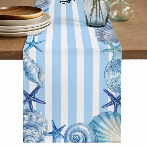 Coastal Seashell Table Runner 90 Inches, Summer Ocean Starfish Conch Blue Stripes Bed Runner Dresser Scarves Tabletop for Indoor Outdoor Parties/Ceremony/Banquet, 13" x 90"