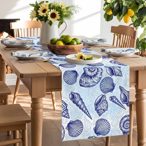 Coastal Seashell Table Runner, Dark Blue Conch Ocean Theme Wave Lines Modern Washable Kitchen Table Runners Dress Scarves for Dining Table Decorations Party/Restaurant/Indoor Outdoor Use, 13x36in