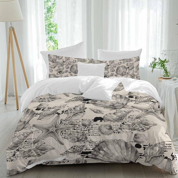 Coastal Seashell Twin Duvet Cover Set, Summer Nautical Gray Shell Starfish Beige Hampton Style 4 Piece Microfiber Bedding Set with Zipper Closure, Bed Sheet and 2 Pillow Shams, Soft Bedding Cover