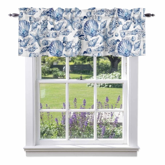 Coastal Seashell Valance Curtain Summer Nautical Blue Shell Starfish Hampton Style Window Valances Rod Pocket Short Curtains Window Treatments for Kitchen Bedroom Bathroom Laundry 42" x 12"