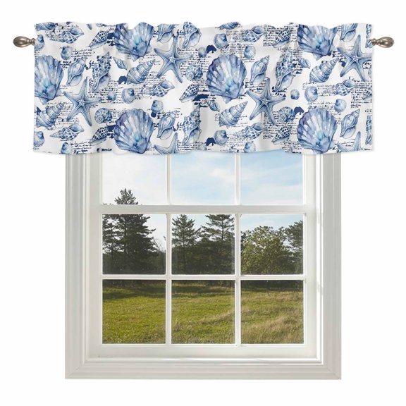 Coastal Seashell Valances for Windows, 54x18in, Summer Nautical Blue Shell Starfish Hampton Style Rod Pocket Kitchen Valance Curtain Light Filtering Window Treatments for Living Room Bedroom