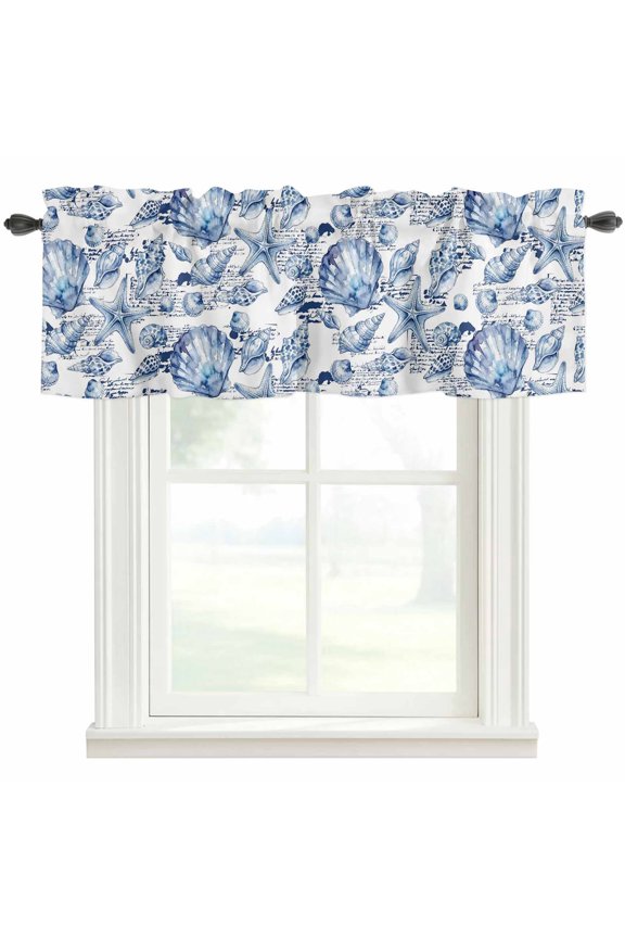 Coastal Seashell Valances for Windows Summer Nautical Blue Shell Starfish Hampton Style Rod Pocket Curtain Valance Window Treatment Short Curtains for Kitchen Living Room, 42"x12"