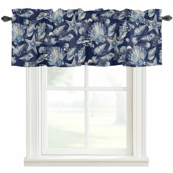 Coastal Seashell Valances for Windows Summer Nautical Navy Blue Shell Starfish Rod Pocket Curtain Valance Window Treatment Short Curtains for Kitchen Living Room, 42"x18"