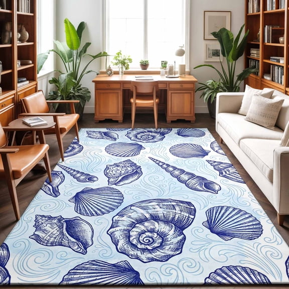 Coastal Seashell Washable Area Rug 5 x 8 ft Dark Blue Conch Ocean Theme Wave Lines Modern, Soft Non Slip Rugs Stain Repellent Indoor Felt Carpet for Living Dining Room Bedroom Home Office